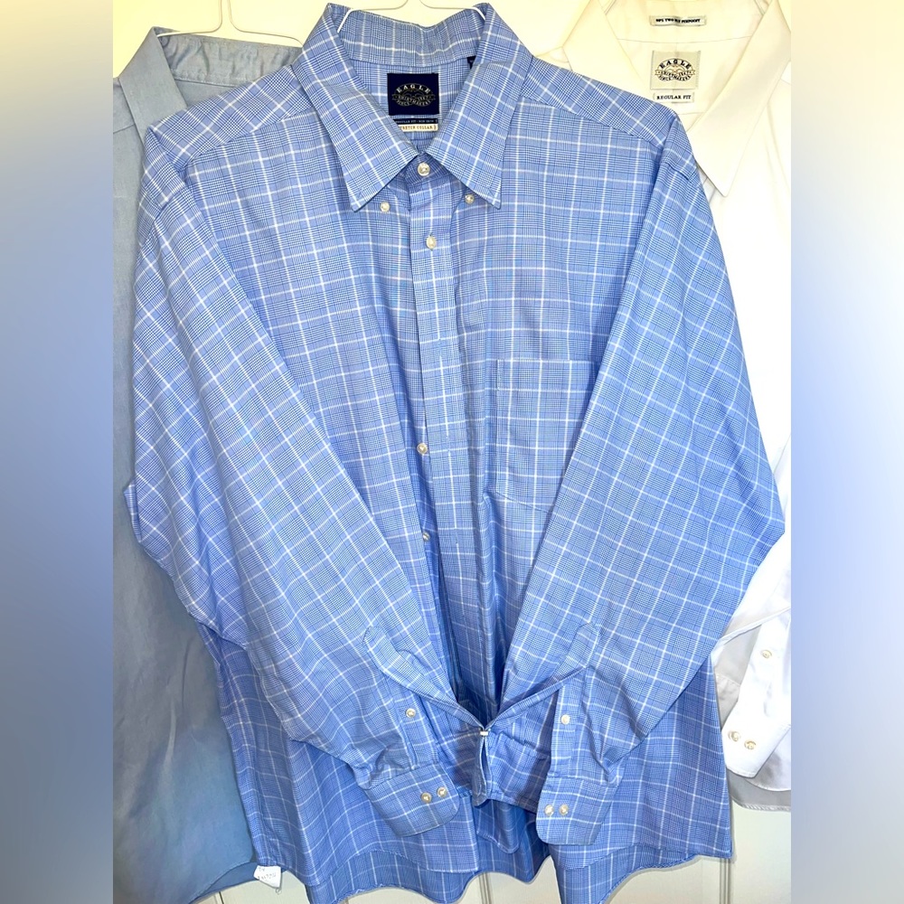 Men’s Eagle blue/white dress shirt size 18, 34/35, good used condition